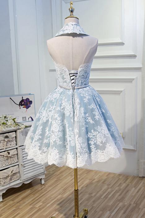 Light Sky Blue Halter Homecoming Dress with Lace Appliques, Cute Short Formal Dress UQ1971