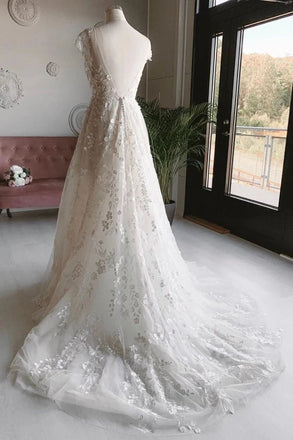 A Line Ivory Deep V Neck Appliques Long Wedding Dresses, Cap Sleeve Beach Wedding Dress UQ2465