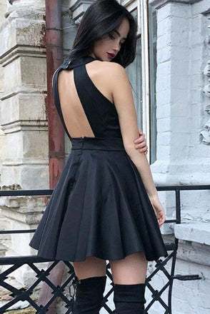 Black Lace Satin Simple Homecoming Dresses, Fashion Sleeveless Short Prom Dress UQ1819
