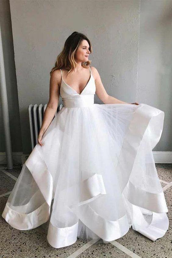 White Sapghetti Straps Beach Wedding Dress, Simple Boho Wedding Gowns UQ1790