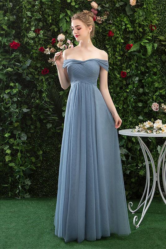 Off Shoulder Tulle Long Prom Dress with Short Sleeves, Simple Bridesmaid Dresses UQ2322