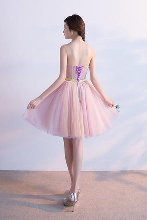 Pink Sweetheart Tulle Homecoming Dress with Ribbon, Short Prom Dress with Beads UQ1728