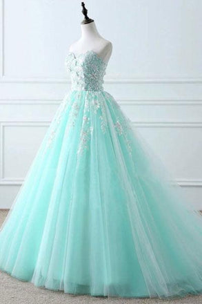 Tiffany Blue Sweetheart Puffy Tulle Prom Dress with Lace Appliques, Long Graduation Dress UQ2545
