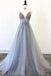 Spaghetti Straps V Neck Tulle Prom Dress with Appliques, A Line Long Formal Dress with Beads N2471