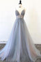 Spaghetti Straps V Neck Tulle Prom Dress with Appliques, A Line Long Formal Dress with Beads UQ2471
