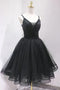 Black Tulle Beading Short Prom Dress, Puffy Black Straps Homecoming Dress UQ2148