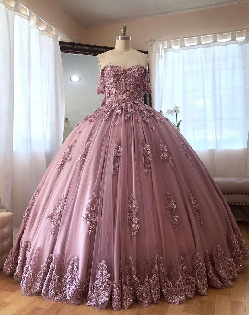 Ball Gown Off the Shoulder Tulle Quinceanera Dress with Lace Appliques, Puffy Prom Dress UQ2529