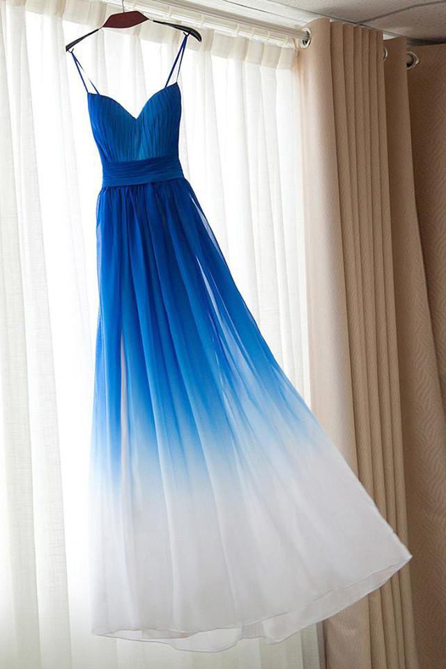 Spaghetti Straps Royal Blue Ombre Bridesmaid Dresses, Chiffon Prom Dress UQB0017