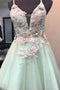 Mint Green Short Homecoming Dress with Flowers, Mini Tulle Graduation Dress with Pearls UQ2102