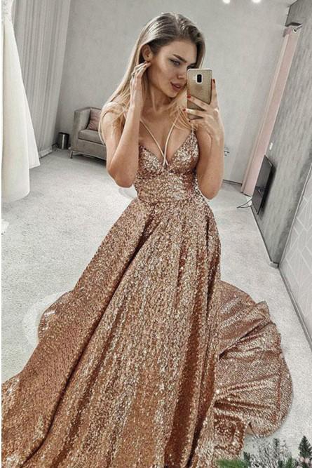 Shiny Puffy Sleeveless Sequined Court Train Prom Dress, Sparkly Sequin Evening Dresses N2248