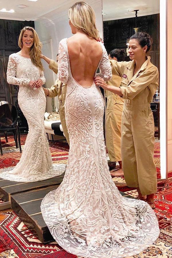 Ivory Backless Long Sleeves Mermaid Wedding Dress, Lace Wedding Dresses UQ2487