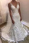 Ivory V Neck Sheath Sleeveless Backless Charming Lace Wedding Dresses UQ1795