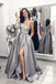 Gray One Shoulder Long Prom Dress with Lace, Grey Long Sleeves Slit Evening Dress UQP0011