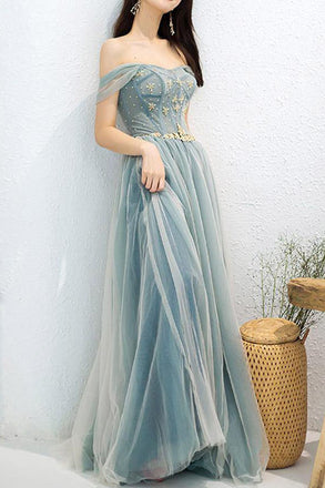 Green Off the Shoulder Tulle A Line Long Prom Dress with Beads, Dance Dress UQP0122