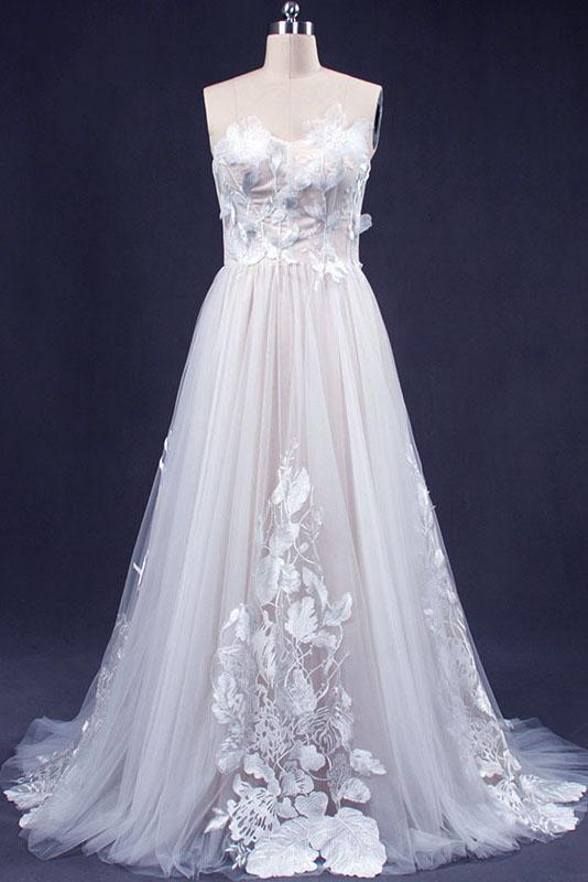 A Line Sweetheart Tulle Appliqued Wedding Dress, Strapless Tulle Bridal Dresses N2349