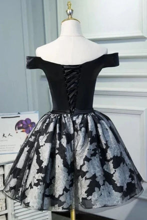 Black Printed Off the Shoulder Cute Homecoming Dresses Short Tulle Prom Dress UQH0032