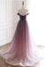 A Line Off the Shoulder Ombre Prom Dresses with Belt, Purple Gradient Long Tulle Formal Dress UQ2436