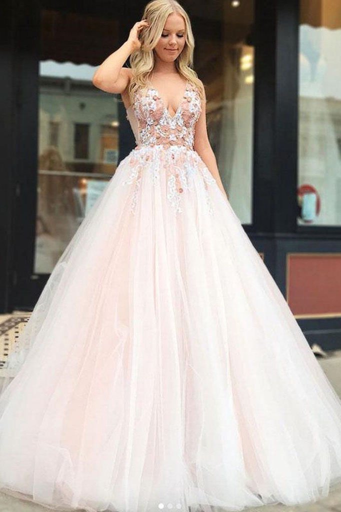 Light Pink V Neck Sleeveless Tulle Prom Dress with Flowers and Beads UQ2388