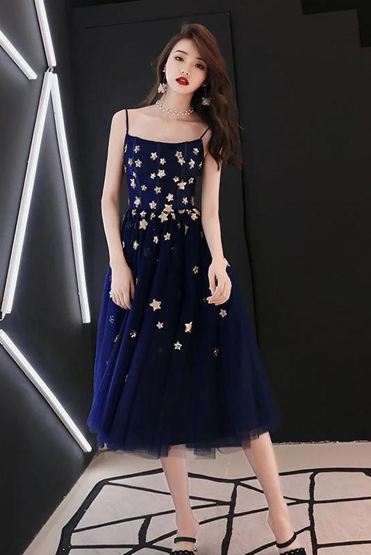 Spaghetti Straps Blue Tulle Tea Length Homecoming Dress with Stars N2135