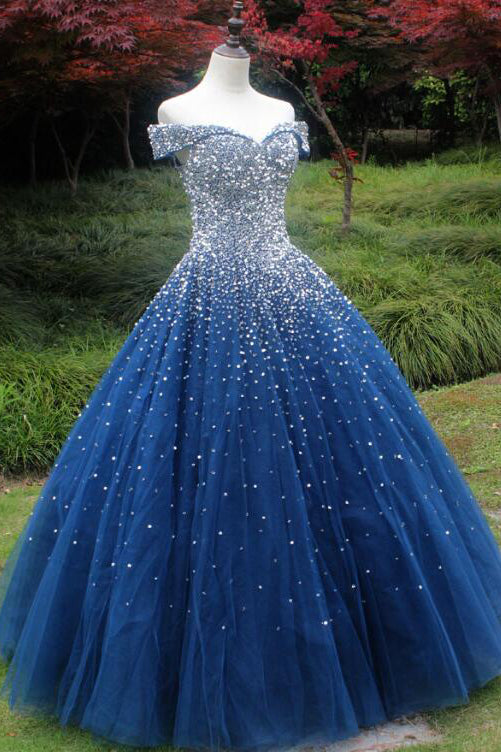 Sparkle Off the Shoulder Blue Ball Gown Prom Dresses, Puffy Tulle Quin – Uniquedresss
