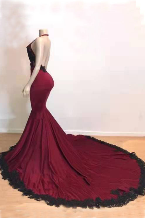 Burgundy Halter Deep V Neck Mermaid Prom Dress with Lace, Long Evening Gown UQP0147