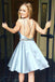 A-Line V-neck Light Blue Satin Homecoming Dress with Beading, Short Prom Dress UQ1837