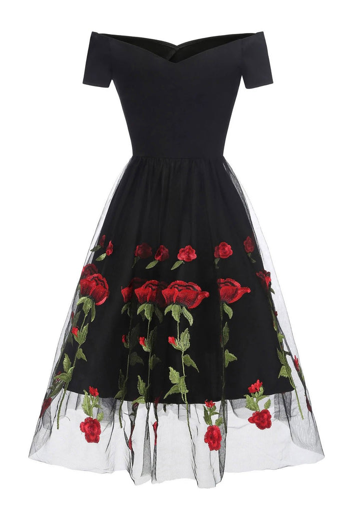 Retro Off the Shoulder Tulle Black Party Dress with Flowers, Knee Length Homecoming Dress UQ2107