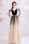 Black Deep V Neck Sleeveless Floor Length Tulle Ombre Prom Dress UQ2313