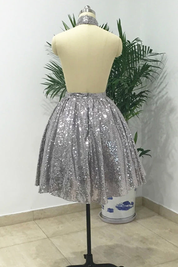 Silver Halter Sequined Backless Short Homecoming Dress, Sparkly Party Dress UQH0074
