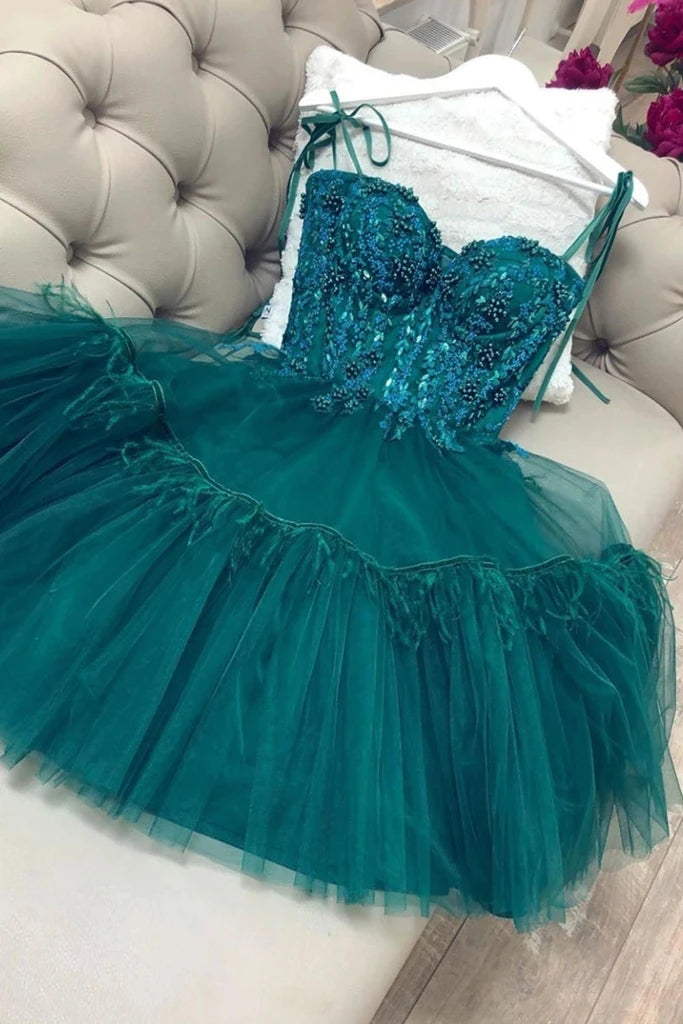 Dark Green Sweetheart Tulle Homecoming Dress with Bead, Short Cocktail dress UQH0065