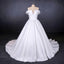 Puffy Off the Shoulder Satin Wedding Dress, Ball Gown Long Bridal Dress with Long Train UQ2286