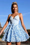 Spaghetti Straps Light Blue Lace Short Homecoming Dress, Short Prom Dresses UQ2158