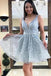 Blue A Line Short V Neck Sleeveless Homecoming Dress, Unique Shiny Short Prom Dress N2201