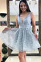 Blue A Line Short V Neck Sleeveless Homecoming Dress, Unique Shiny Short Prom Dress UQ2201