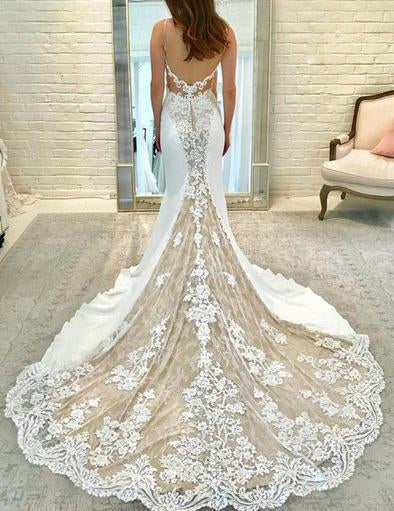Ivory Satin Gorgeous Lace Spaghetti Strap Vintage Mermaid Wedding Dresses UQ1777