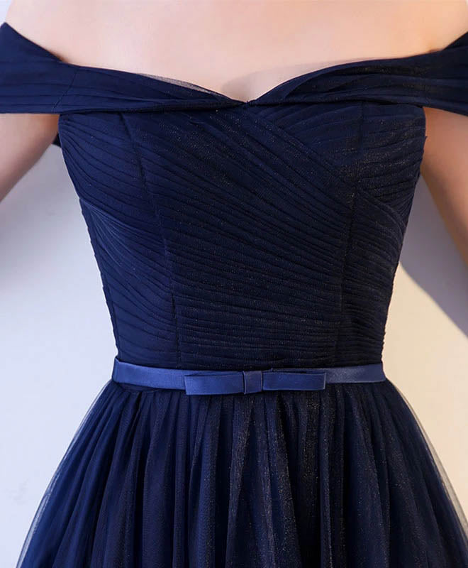 Dark Blue Off the Shoulder Floor Length Tulle Ruched Long Prom Gown with Belt UQP0083