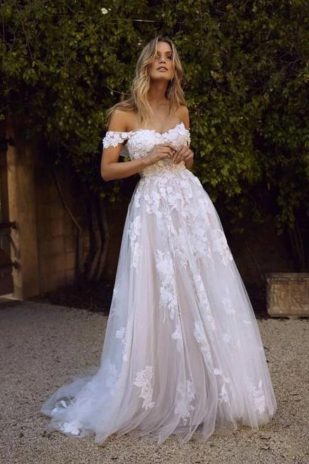 White Off Shoulder Tulle Lace Appliqued Beach Wedding Dress