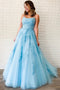 A Line Sky Blue Lace Backless Long Prom Dresses, Backless Sky Blue Lace Formal Dresses UQ2588