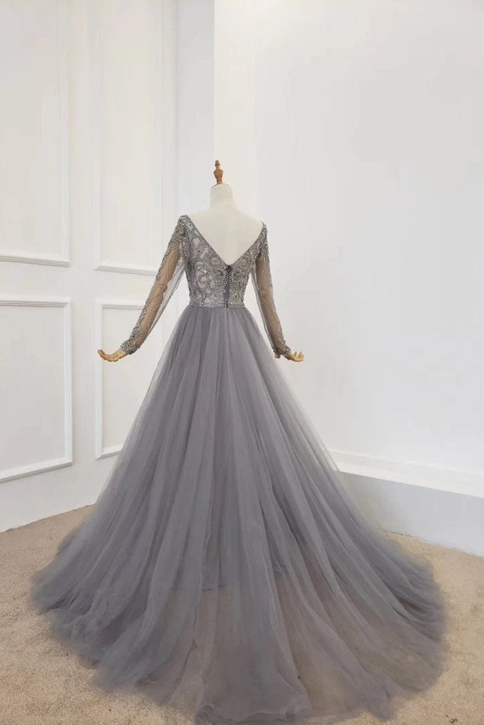 A Line V Neck Long Sleeves Tulle Gray Prom Dress with Beading, Party Dresses UQ2578