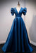 Blue V Neck Satin Short Sleeves Long Prom Dress Blue Satin Evening Dress UQP0047