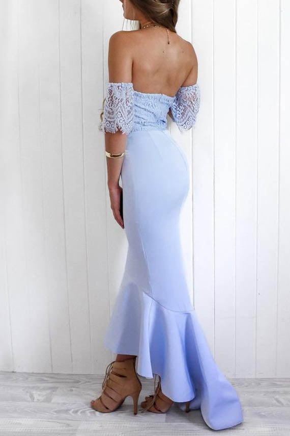 Mermaid Off-Shoulder Hi-Lo Prom Dress, Lace Drop Bodice Satin Bridesmaid Dress UQP0080