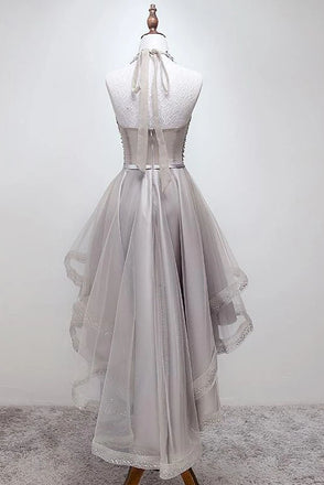 Sparkly Hi Lo Halter Beading Tulle Homecoming Dress, A Line Sequin Prom Dress UQH0010