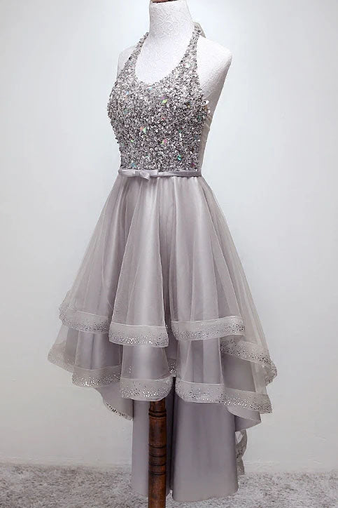 Sparkly Hi Lo Halter Beading Tulle Homecoming Dress, A Line Prom Dress UQH0010