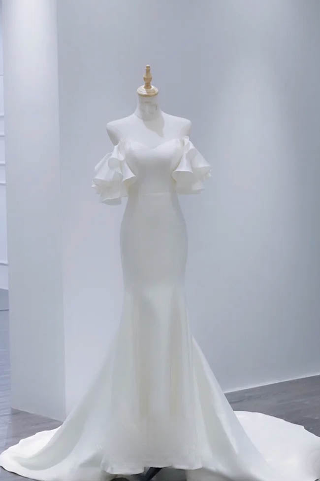 Simple Mermid Satin Wedding Dress with Ruffles, Bridal Gown with Train UQW0044