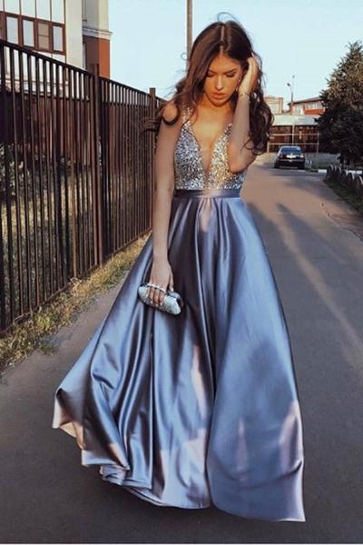 Floor Length V Neck Long Formal Dress with Beading, A Line Prom Dresses UQ2240
