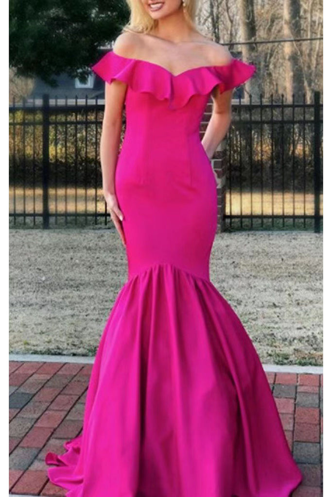 Hot Pink Off the Shoulder Mermaid Prom Gown, Long Evening Dress UQP0163