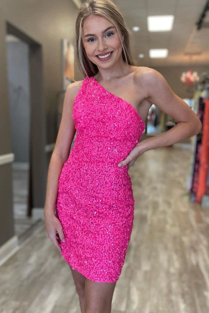 Hot Pink One Shoulder Sequined Short Prom Dress, Sparkly Homecoming Dress UQH0084