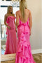 Pink Spaghetti Straps Satin Mermaid Prom Dress with Ruffles, Formal Gown UQP0120