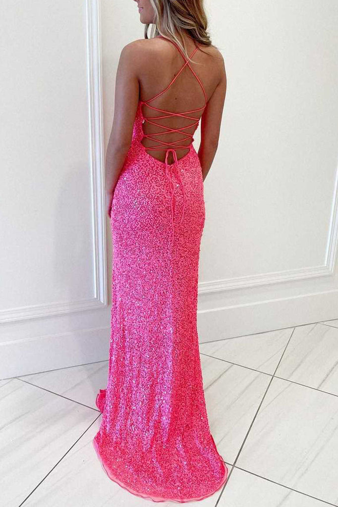 Hot Pink Sequined Sleeveless Glitter Mermaid Prom Dress, Formal Gown UQP0119
