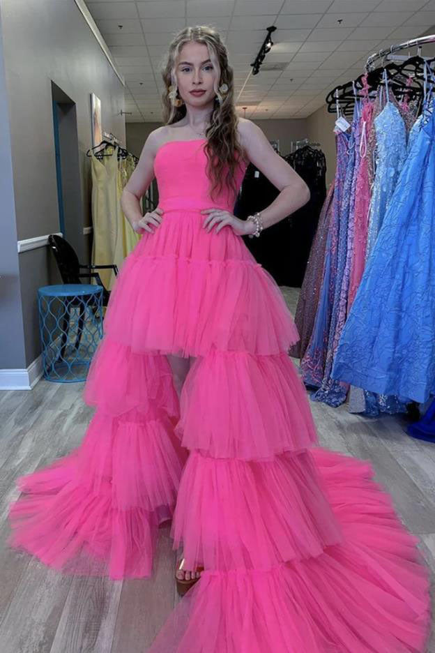 High Low Strapless Tiered Long Prom Dress, New Style Party Gown UQP0178
